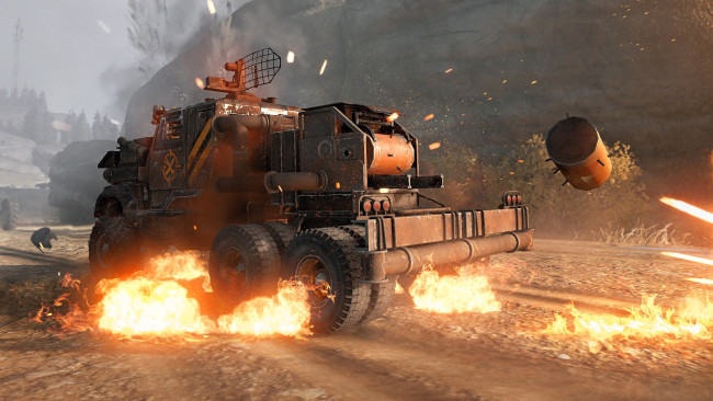 Обои картинки фото видео игры, crossout, транспорт, техника, огонь, искры, бочка