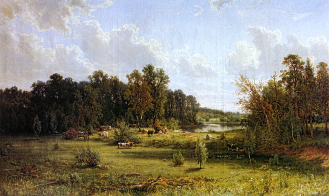 Обои картинки фото рисованное, иван шишкин, лес, деревья, поляна, коровы, люди