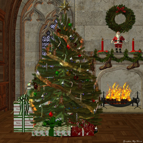 Обои картинки фото 3д, графика, holidays, праздники, камин, украшения, подарки, ель