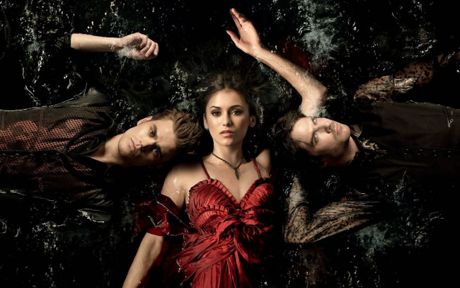 Обои картинки фото the, vampire, diaries, кино, фильмы, ian, somerhalder, nina, dobrev, paul, wesley