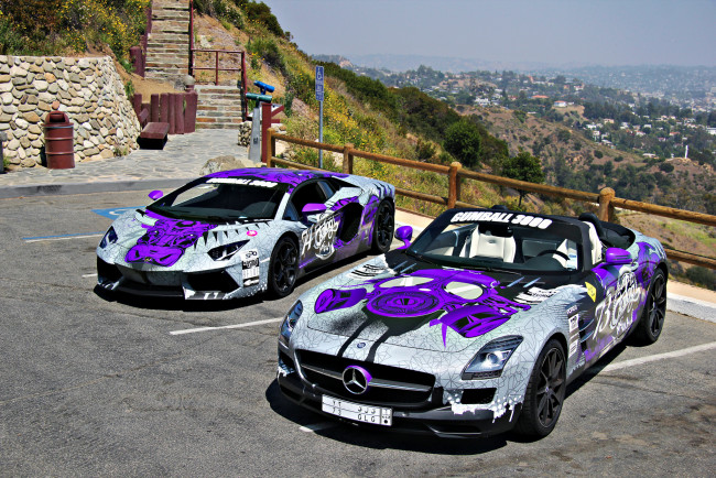 Обои картинки фото автомобили, разные, вместе, lp, 700-4, aventador, lamborghini, tuning, roadster, sls, mercedes