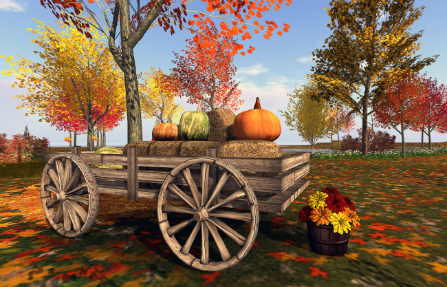 Обои картинки фото 3д графика, -другое, телега, деревья, тыквы
