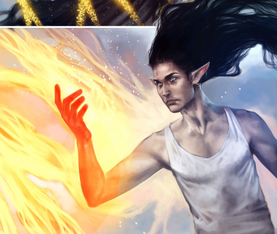 Обои картинки фото фэнтези, эльфы, парень, огонь, эльф, арт, брюнет, магия, маг, пламя