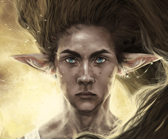 Обои картинки фото фэнтези, эльфы, арт, парень, взгляд, уши, портрет, эльф, волосы, брюнет, лицо