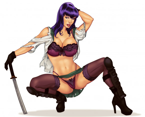 Обои картинки фото фэнтези, девушки, катана, белье, saeko, busujima, чулки, девушка, меч, лифчик, тело, грудь, голая, трусики