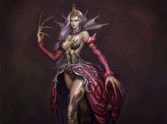 Обои картинки фото фэнтези, эльфы, когти, монстр, королева, украшения, девушка, арт, фон, платье