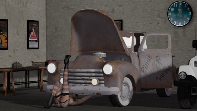 Обои картинки фото автомобили, 3d car&girl, девушка, картины, часы, автомобиль, фон, взгляд