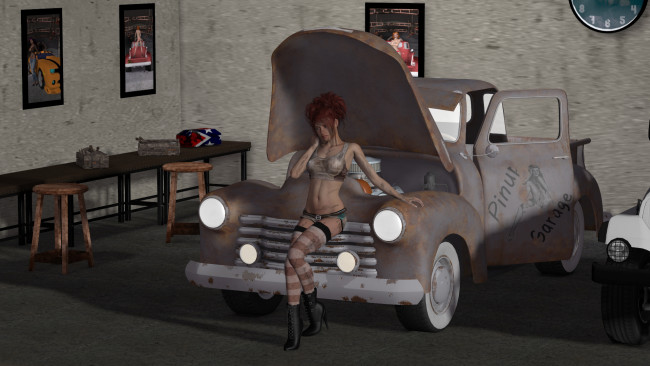 Обои картинки фото автомобили, 3d car&girl, картины, часы, автомобиль, фон, взгляд, девушка