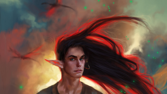 Обои картинки фото фэнтези, эльфы, эльф, парень, искры, волосы, взгляд, брюнет, арт