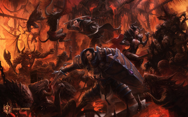 Обои картинки фото фэнтези, существа, codex, infernus, щит, меч, воин, демоны, тьма, art, битва