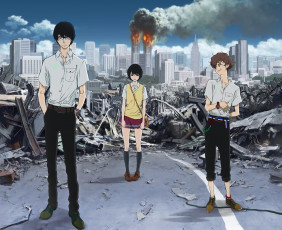 Картинка аниме zankyou+no+terror zankyou no terror огонь облака mishima risa город небо дома парни девушка дым kokonoe arata hisami touji арт