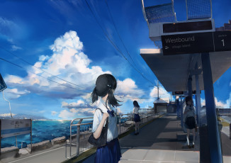 Картинка аниме город +улицы +здания море облака небо арт девочки qqwew00123