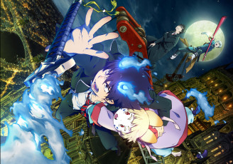 Картинка аниме ao+no+exorcist луна ночь рин парни город синий экзорцист арт