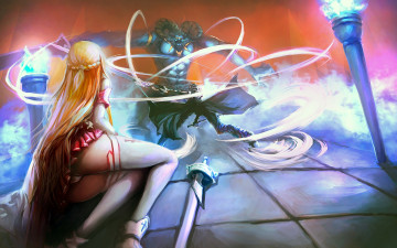 Картинка аниме sword+art+online yuuki asuna sword art online арт парень монстр огни магия битва меч девушка