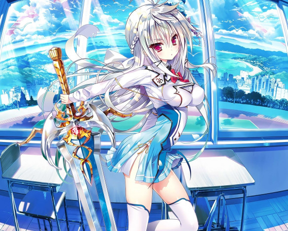 Обои картинки фото аниме, unknown,  другое, оружие, фон, взгляд, девушка