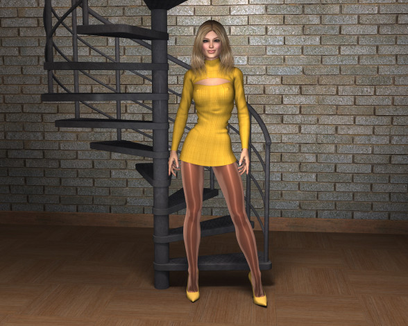 Обои картинки фото 3д графика, люди , people, фон, взгляд, девушка, лестница