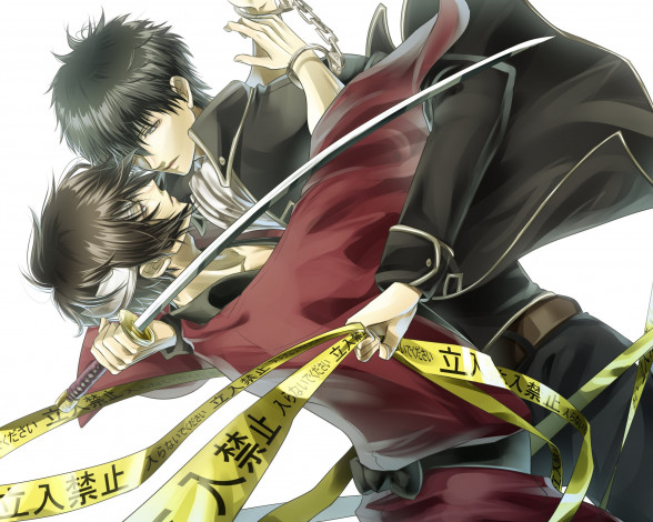 Обои картинки фото аниме, gintama, парни, арт, гинтама, меч, наручники
