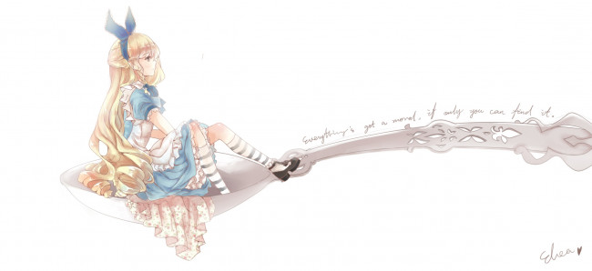 Обои картинки фото аниме, alice in wonderland, арт, elea, artist, alice, in, wonderland, девочка, фон, ложка, алиса