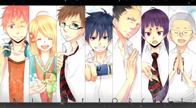 Обои картинки фото аниме, ao no exorcist, фон, арт, коллаж, рин, синий, экзорцист