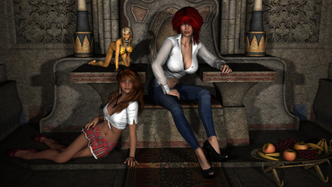 Обои картинки фото 3д графика, люди , people, фрукты, фон, девушки, взгляд