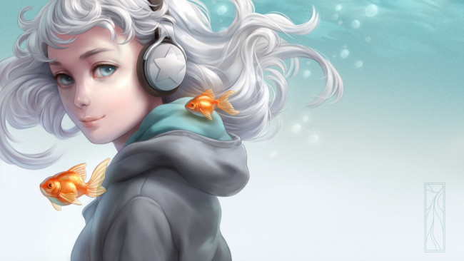 Обои картинки фото аниме, unknown,  другое, рыбки, фон, взгляд, девушка