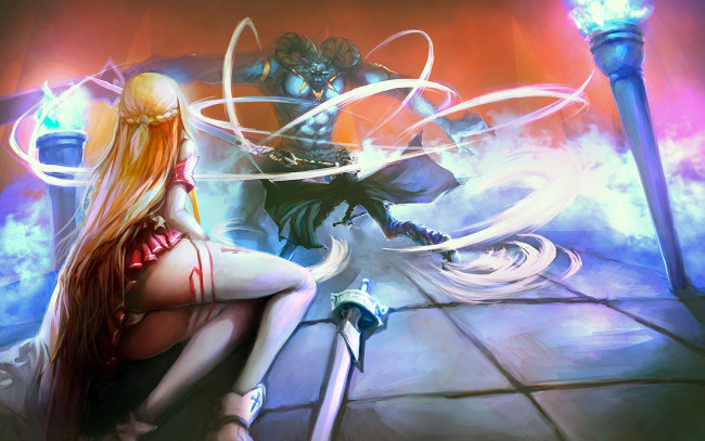 Обои картинки фото аниме, sword art online, yuuki, asuna, sword, art, online, арт, парень, монстр, огни, магия, битва, меч, девушка