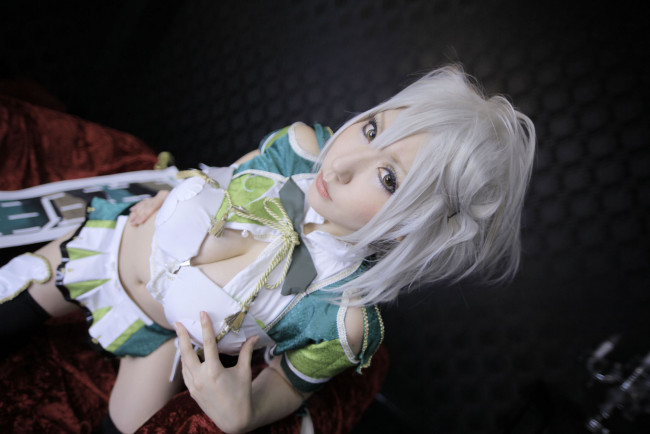 Обои картинки фото разное, cosplay , косплей, девушка, азиатка, ракурс, костюм, блондинка, японка