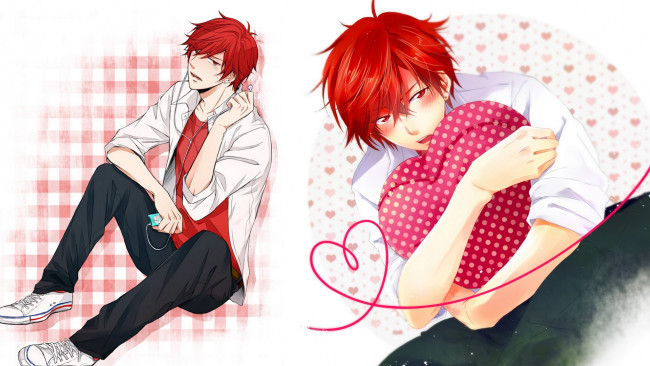 Обои картинки фото аниме, gekkan shoujo nozaki-kun, наушники, сердце, парень