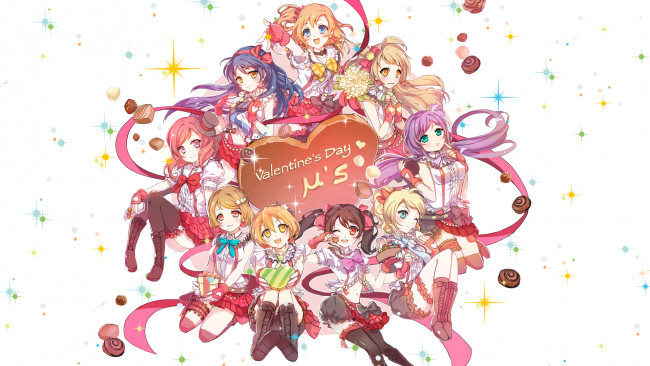 Обои картинки фото аниме, love live,  school idol project, фон, девушки, взгляд