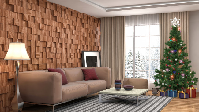 Обои картинки фото праздничные, 3д графика , новый год, елка, интерьер, подарки