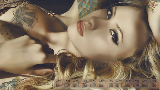 Обои картинки фото календари, девушки, 2018, взгляд, лицо, тату
