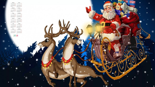 Обои картинки фото календари, праздники,  салюты, 2018, олень, сани, дед, мороз, луна, игрушки