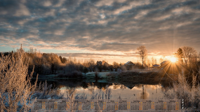 Обои картинки фото календари, природа, дом, солнце, облака, снег, водоем, 2018