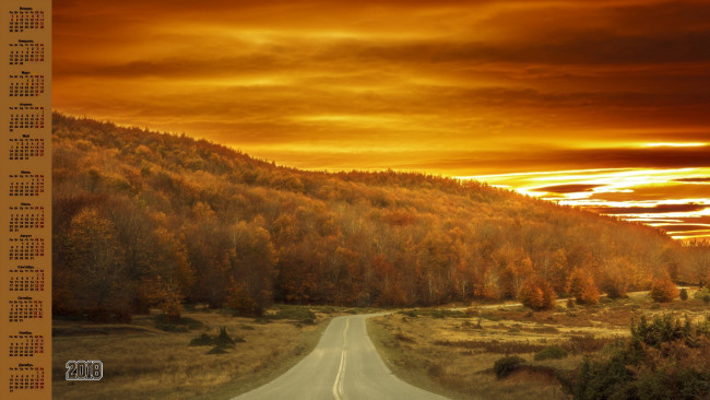 Обои картинки фото календари, природа, дорога, 2018, облака, деревья