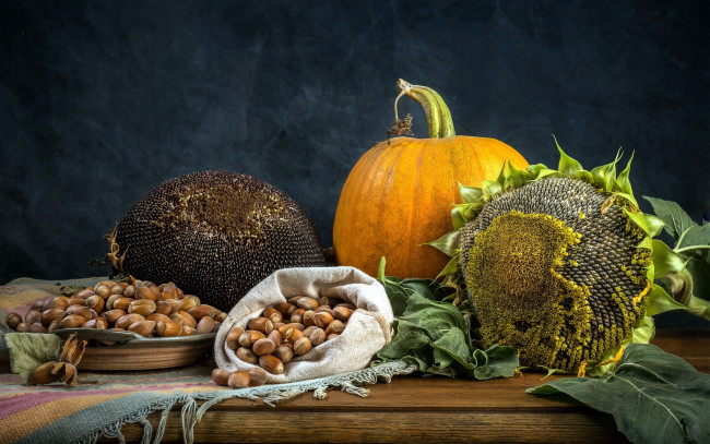 Обои картинки фото еда, разное, подсолнух, тыква, орехи