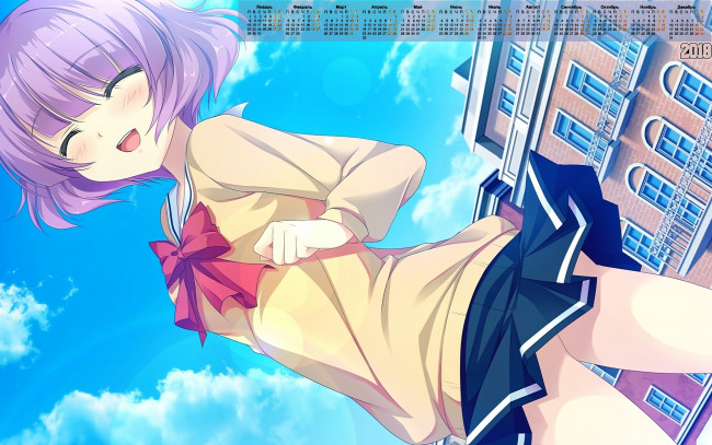 Обои картинки фото календари, аниме, 2018, девушка, улыбка, здание