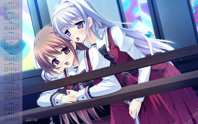 Обои картинки фото календари, аниме, 2018, девушка, взгляд, двое, униформа