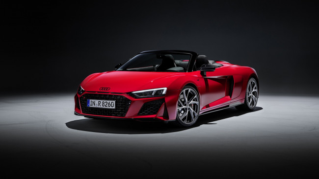 Обои картинки фото 2019 audi r8 v10 rwd spyder, автомобили, audi, 2019, кабриолет, rwd, v10, новинки, авто, spyder, r8, красный