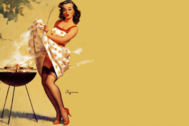 Обои картинки фото рисованное, gil elvgren, девушка, сарафан, барбекю