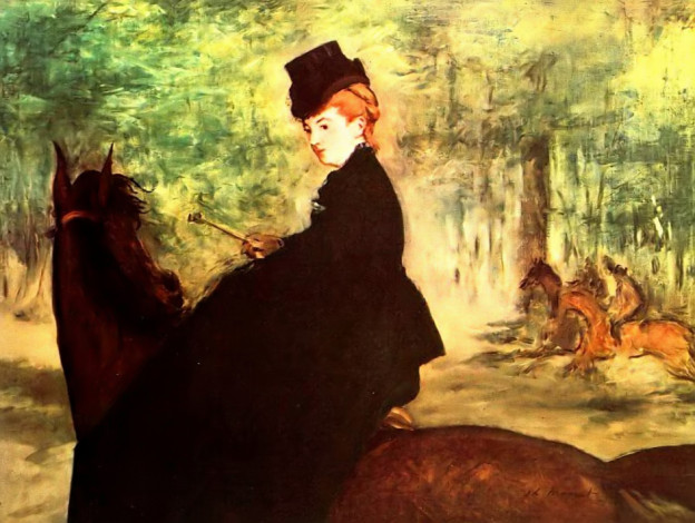Обои картинки фото рисованное, edouard manet, женщина, всадника, лошади, лес