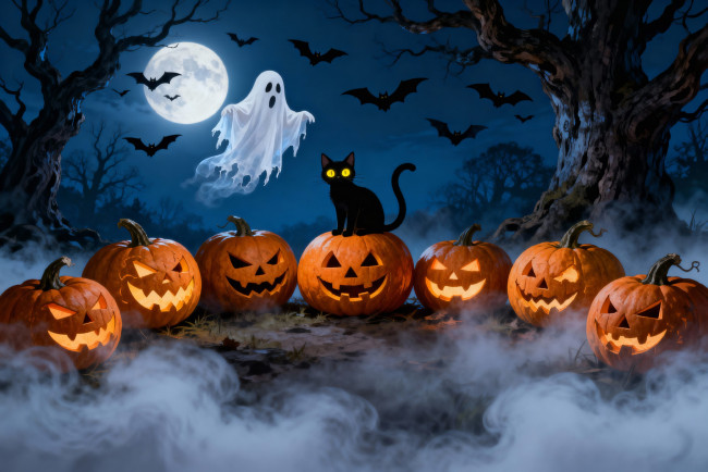 Обои картинки фото праздничные, хэллоуин, призрак, кот