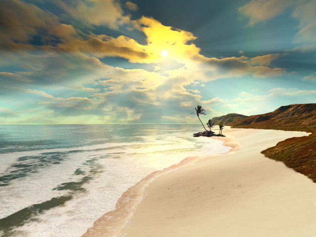 Обои картинки фото 3д, графика, sea, undersea, море, пальма, берег