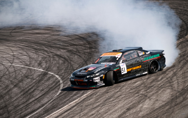Обои картинки фото спорт, drift, дым, дрифт, nissan, silvia, s15, трек