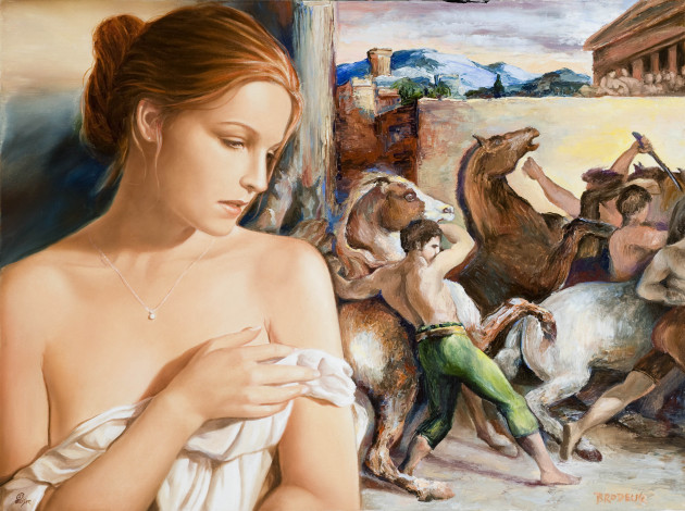 Обои картинки фото рисованные, edson, campos, холсты, девушка, задумчивось, кулон