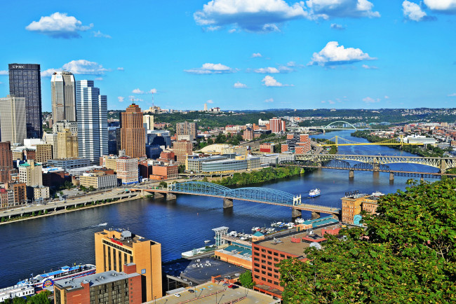 Обои картинки фото pittsburgh usа, города, - панорамы, панорама, мост, река, дома