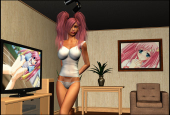 Картинка 3д+графика люди+ people картины фон взгляд девушка кресло стол