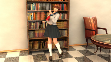 Картинка 3д+графика люди+ people фон взгляд девушка книги стул стол