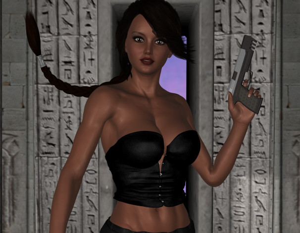 Обои картинки фото 3д графика, люди , people, взгляд, девушка, оружие, фон