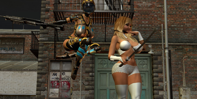 Обои картинки фото 3д графика, фантазия , fantasy, оружие, фон, взгляд, девушка