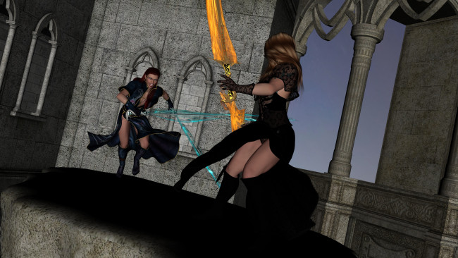 Обои картинки фото 3д графика, фантазия , fantasy, девушки, замок, оружие, фон, взгляд